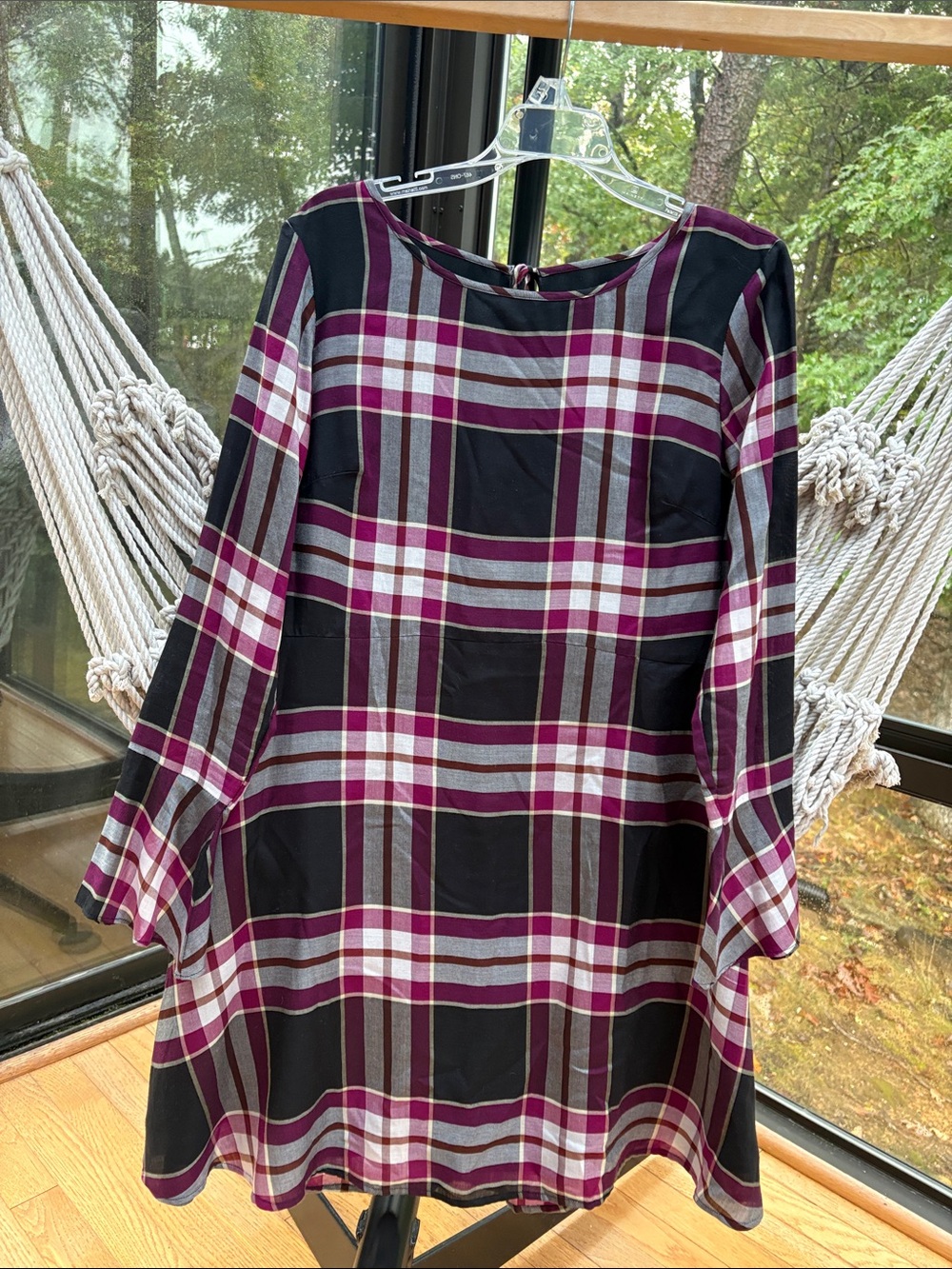 LOFT Plaid Long-Sleeve Tunic Dress - Black & Burgundy